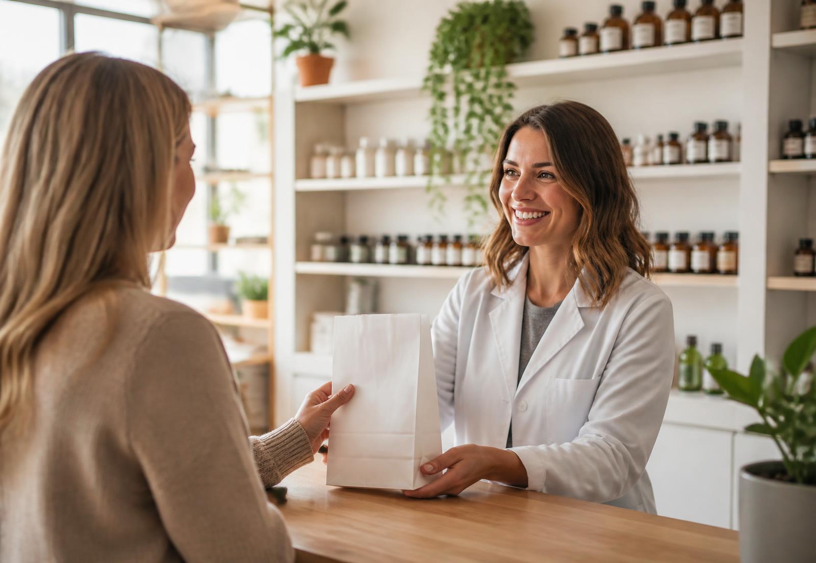 Pharmacist handing a prescription bag to a customer at West Village Pharmacy in Philadelphia